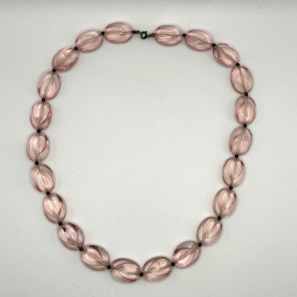Vintage Pink Glass Bead Necklace Oval Molded Translucent Beads 24” Retro - Picture 7 of 11